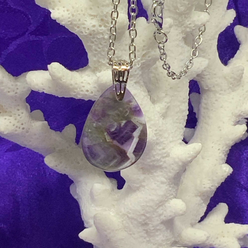 Purple Brazil Zebra Amethyst Necklace on Stainless Steel Silver Plated Chain